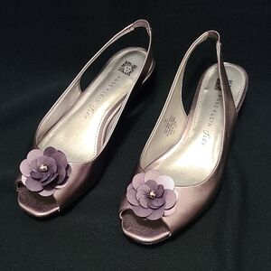 Nine West Pewter Peep Toe Slingback Heels with Floral Accent, Size 7